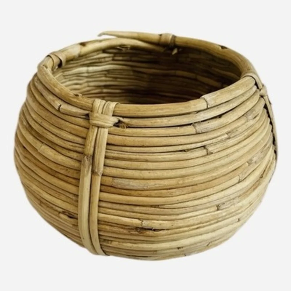 Vintage Handwoven Small Round Rattan Storage Basket Bowl Boho Rustic Decor 5x4.5